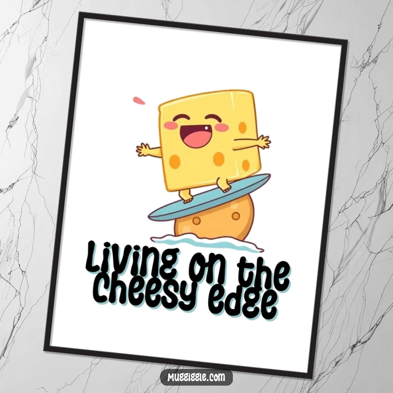 Funny digital art print of a laughing cheese character attempting to surf on a cracker, creating a whimsical atmosphere.