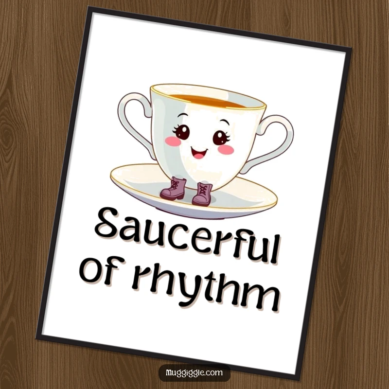 Funny smiling teacup wearing tiny boots, happily tap-dancing on a saucer, available as a high-resolution digital art print.