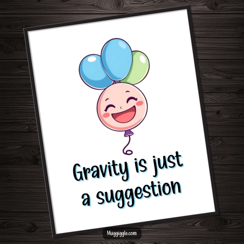 Funny digital art print of a cheerful balloon character floating upside down with a big grin, offering instant downloadable joy, a great funny gift.