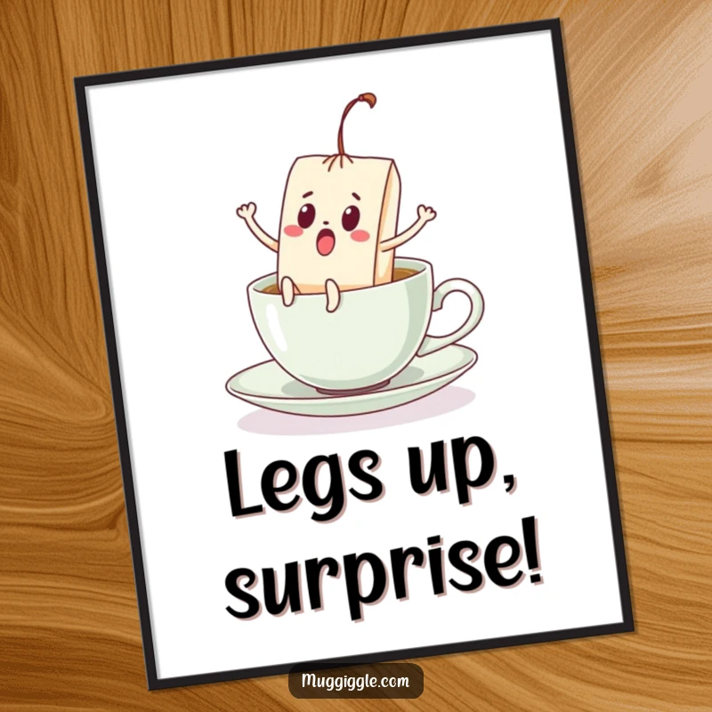 Funny digital art print of a panicked teabag with legs kicking, fleeing a teacup, a humorous and downloadable artwork.