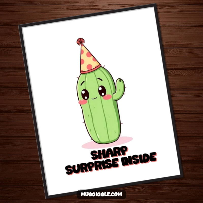 Funny Digital Art Print: A surprised cactus character wearing a tiny party hat, exuding humor.