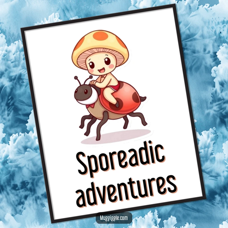 Funny Mushroom Ladybug Digital Art Print: A delighted mushroom character joyfully rides a ladybug as a steed, whimsical cartoon art.