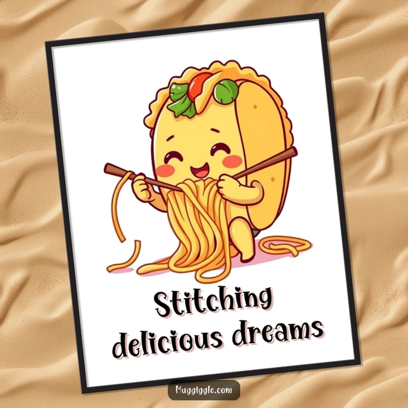 Funny Digital Art Print: A smiling taco character humorously knitting with spaghetti noodles, perfect for whimsical and foodie decor.