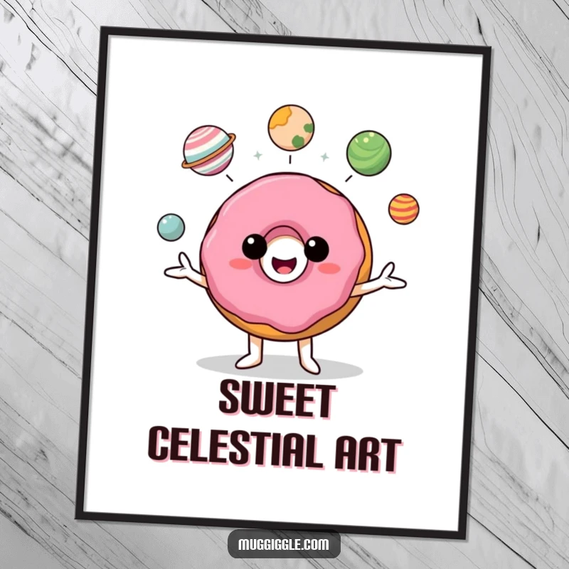 Funny donut character juggling miniature planets, a high-resolution digital art print for instant decor.