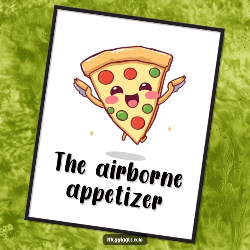 Funny digital art print of a joyful pizza slice character attempting flight with breadstick wings, ideal for humorous and foodie-themed decor.
