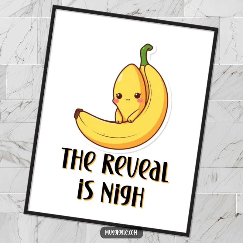Funny digital art print of a curious banana character peeking out from an empty banana peel, ideal for humorous and fruit-themed decor.