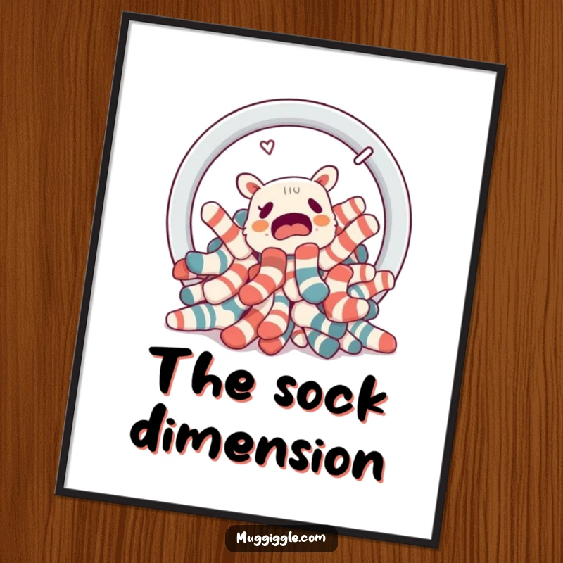 Funny pile of confused socks attempting to escape a laundry basket portal, available as a high-resolution digital art print.