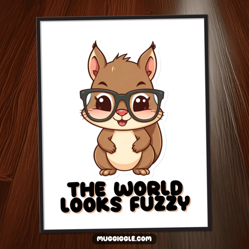 Funny digital art print of a mischievous squirrel attempting to wear very large glasses, capturing a moment of woodland whimsy.