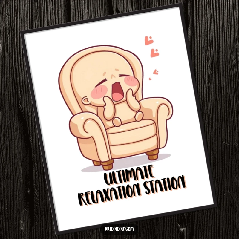 Funny digital art print of a sleepy armchair character yawning widely, offering immediate downloadable humor and decor, a great funny gift choice.