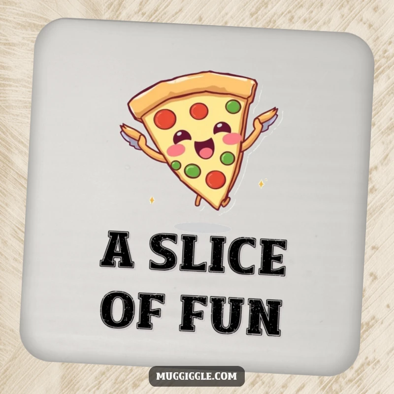 Funny coaster featuring a joyful pizza slice character attempting flight with breadstick wings, adding foodie flair and surface protection.