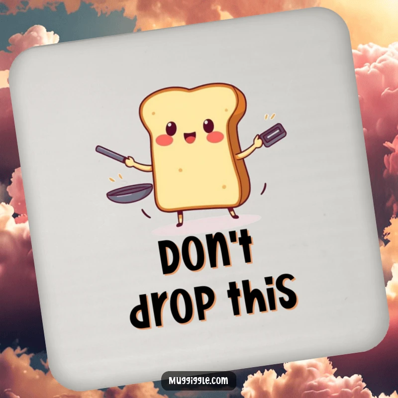 Funny drink coaster featuring a brave piece of toast juggling three frying pans, adding humor to drink service.