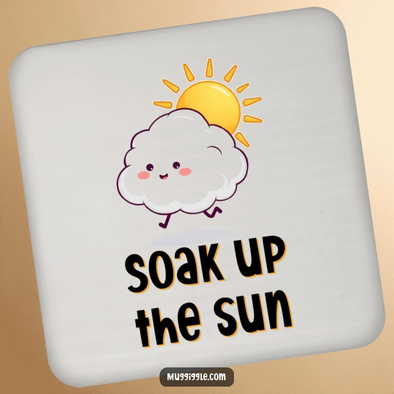 Funny fluffy cloud with tiny legs chasing a beaming sun, on a coaster for table protection.