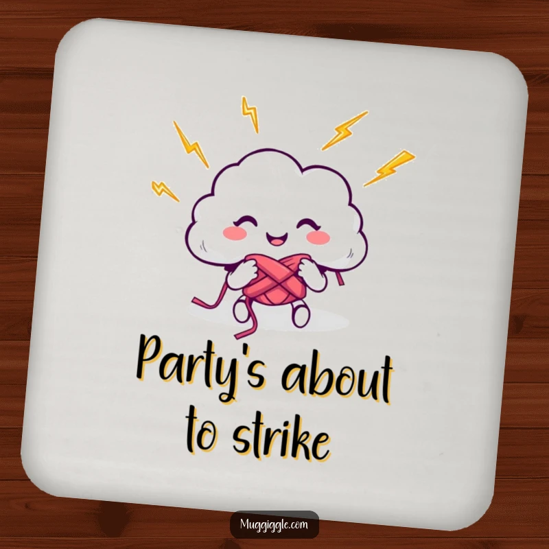 Funny drink coaster with a happy cloud character knitting with lightning bolts, offering a humorous and practical way to protect furniture.