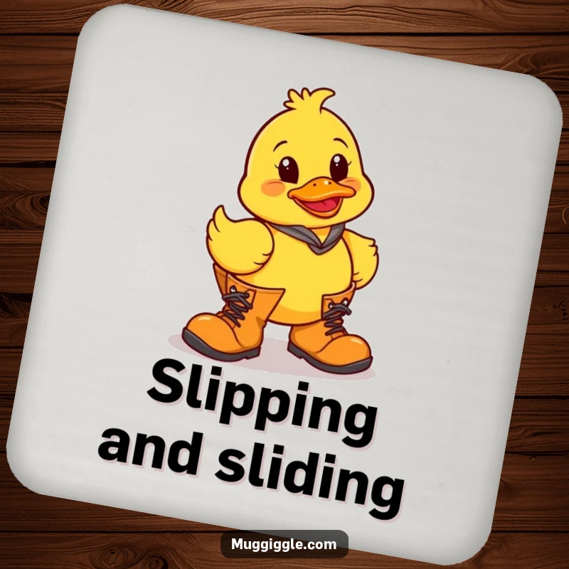 Funny rubber duck character struggling with oversized boots, depicted on a drink coaster with humorous intent.