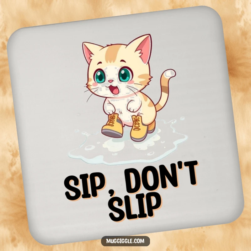 Funny Coasters: Surprised cat wearing tiny boots slides on spilled milk, adding humorous protection.