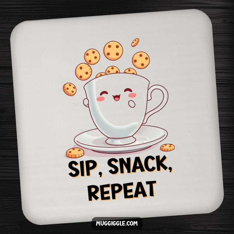 Funny Coasters: Tiny teacup character juggling bouncing cookies, adding humorous protection to surfaces.