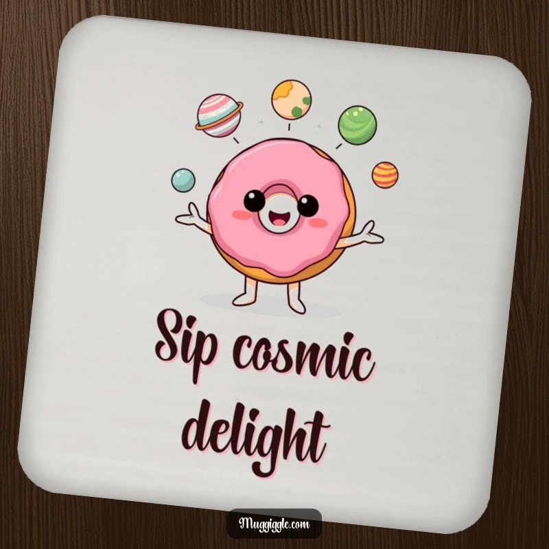 Funny donut character juggling miniature planets on a protective drink coaster, adding humor.