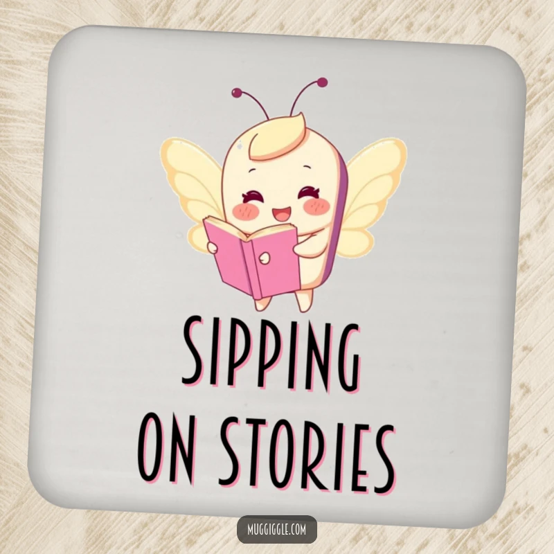 Funny drink coaster with a happy book character comically flying with tiny butterfly wings, protecting surfaces with whimsical charm and a humorous touch.
