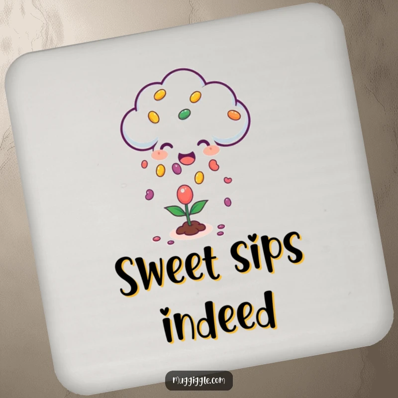 Funny coaster featuring a happy cloud character raining jellybeans onto a small plant, adding whimsical flair and surface protection.