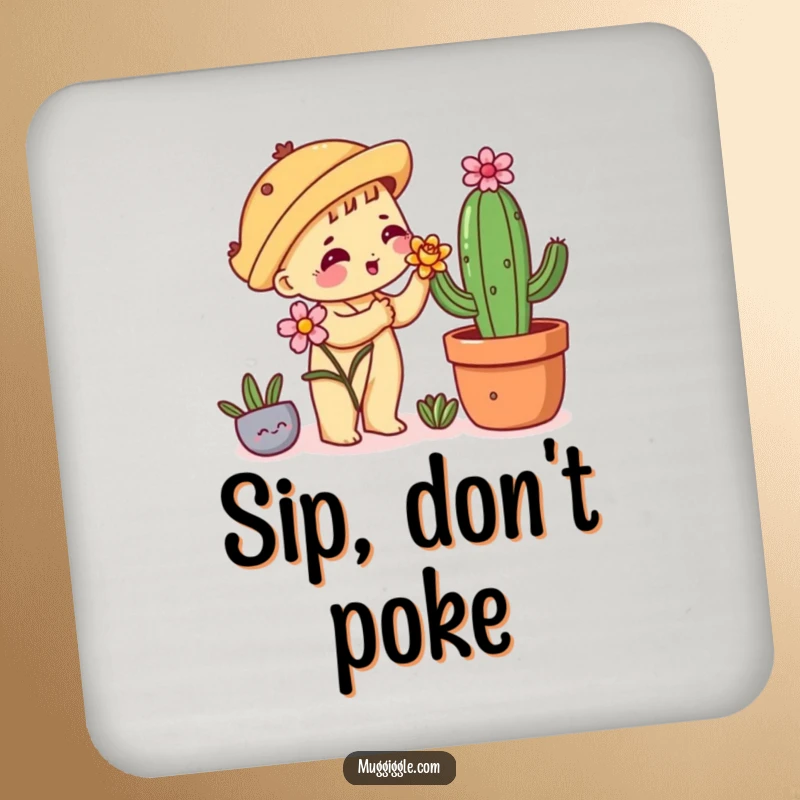 Funny coaster with a shy taco character offering a flower to a cactus, adding sweet, awkward humor to surfaces.
