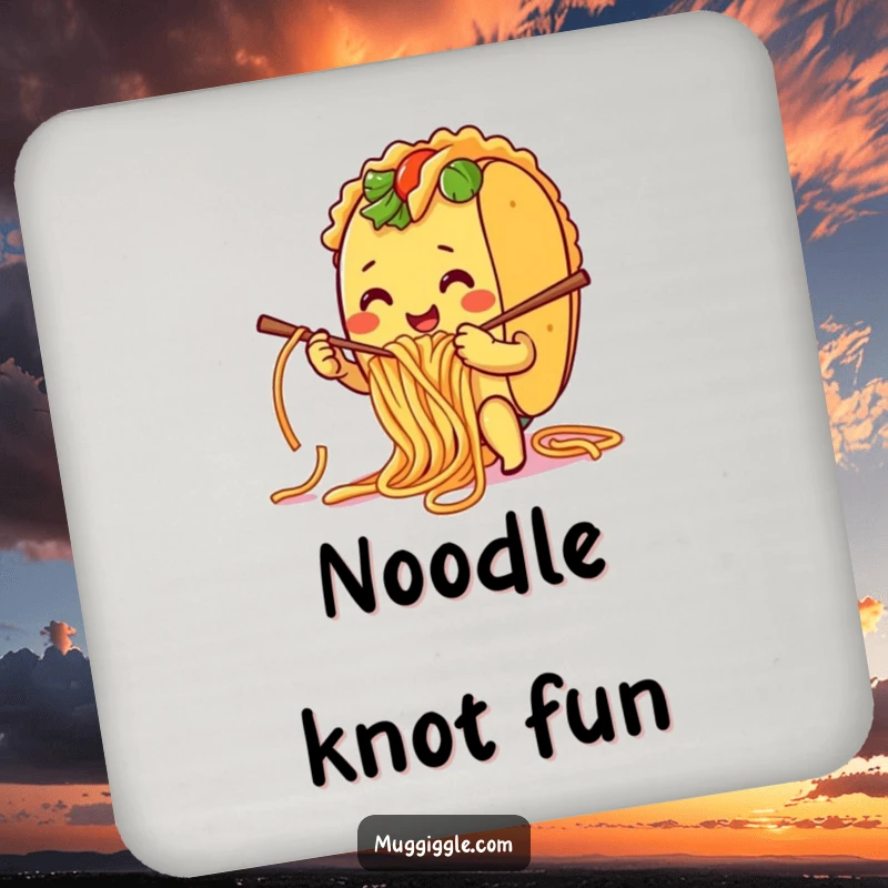 Funny Coaster: A smiling taco character humorously knitting with spaghetti noodles, adding culinary humor and surface protection.