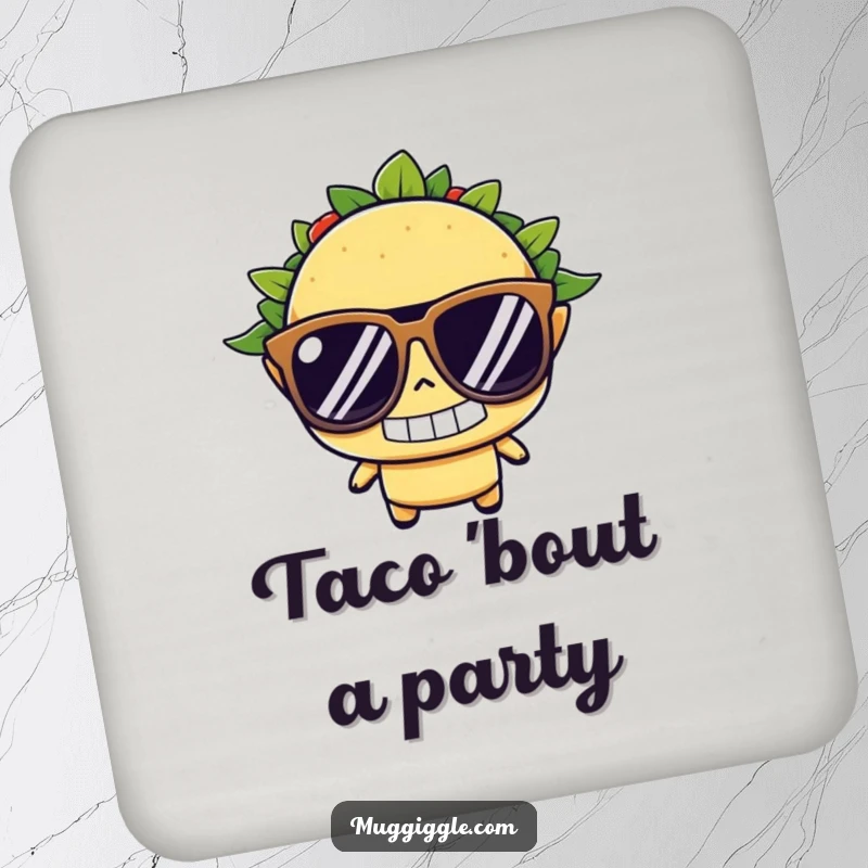 Funny taco drink coaster, wearing oversized sunglasses with a determined grin, a humorous and protective accessory for any table, a perfect funny gift.