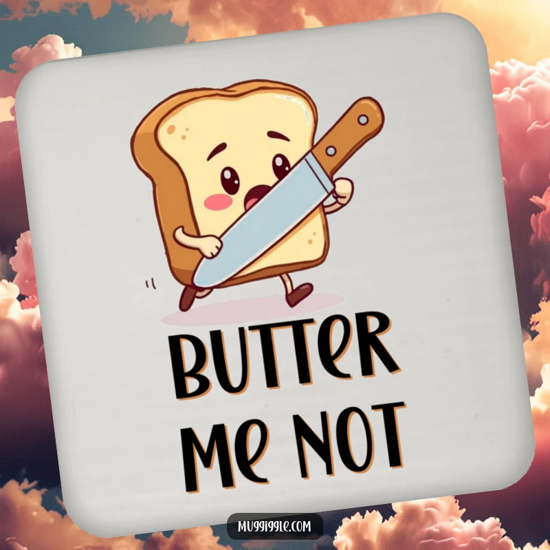 Funny coasters depicting a toast character being chased by an oversized butter knife, protecting surfaces with art.