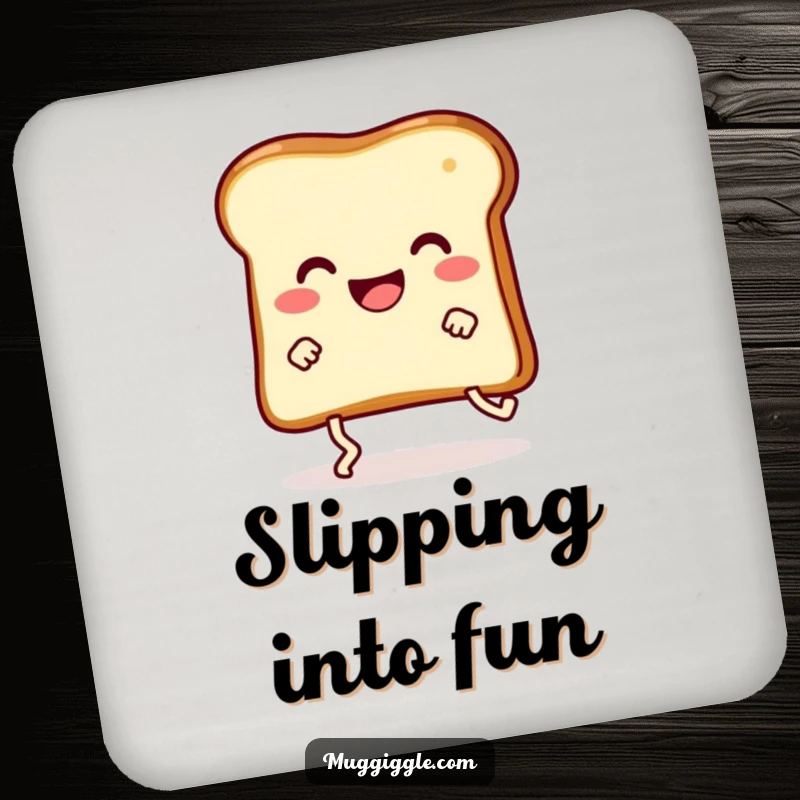 Funny happy slice of toast with legs comically tripping over itself, printed on a protective drink coaster.