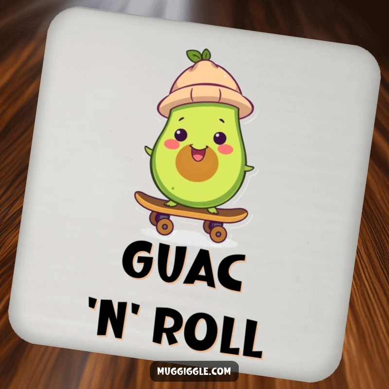 Funny avocado drink coaster, wearing a hat, skateboarding, a humorous and protective accessory for any table, a perfect funny gift.