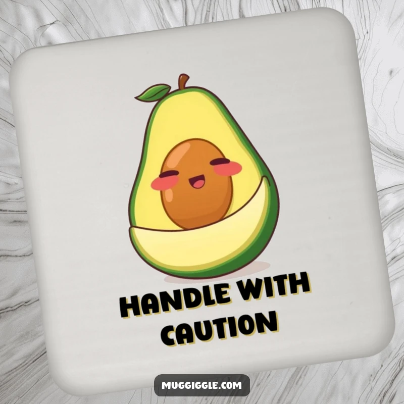 Funny Avocado Coasters: A clumsy green avocado character comically slipping on its own peel, humorous drink coasters for tables.