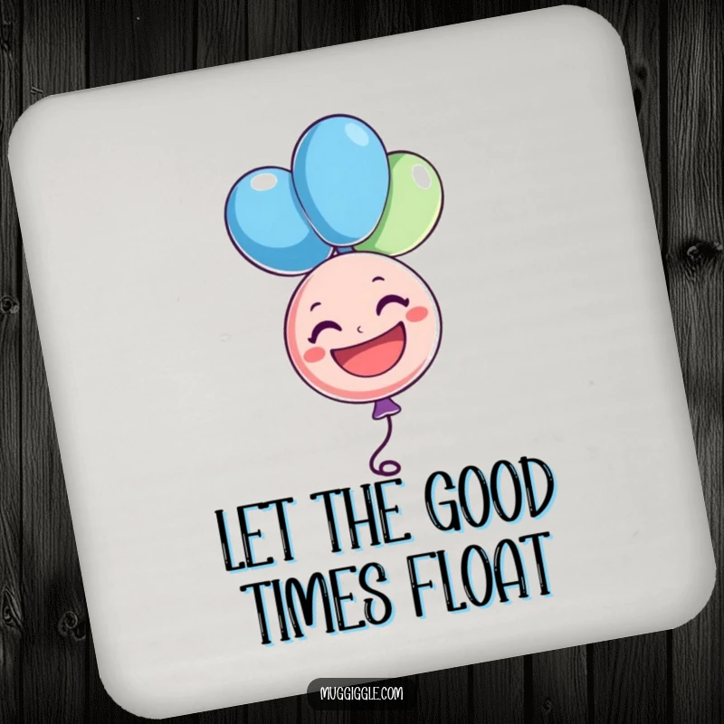 Funny drink coaster with a cheerful balloon character upside down and grinning, protecting surfaces with happiness, a great funny gift.