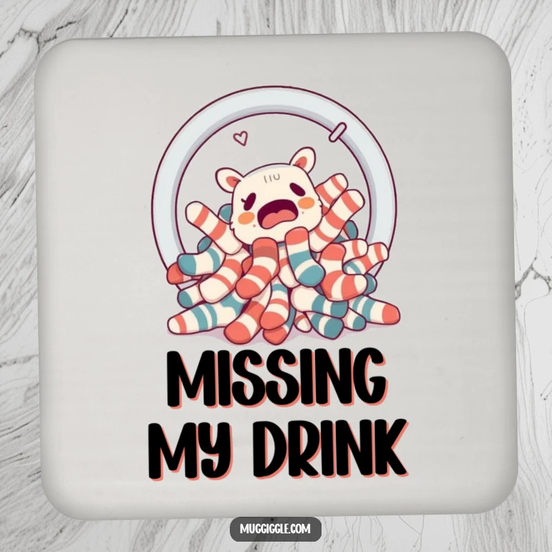 Funny pile of confused socks attempting to escape a laundry basket portal, printed on a protective drink coaster.