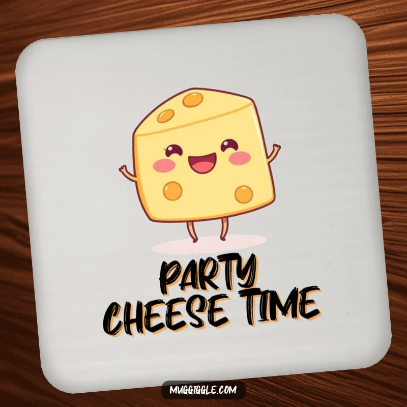 Funny happy cheese wedge character with small dancing legs, depicted on a drink coaster for humorous protection.