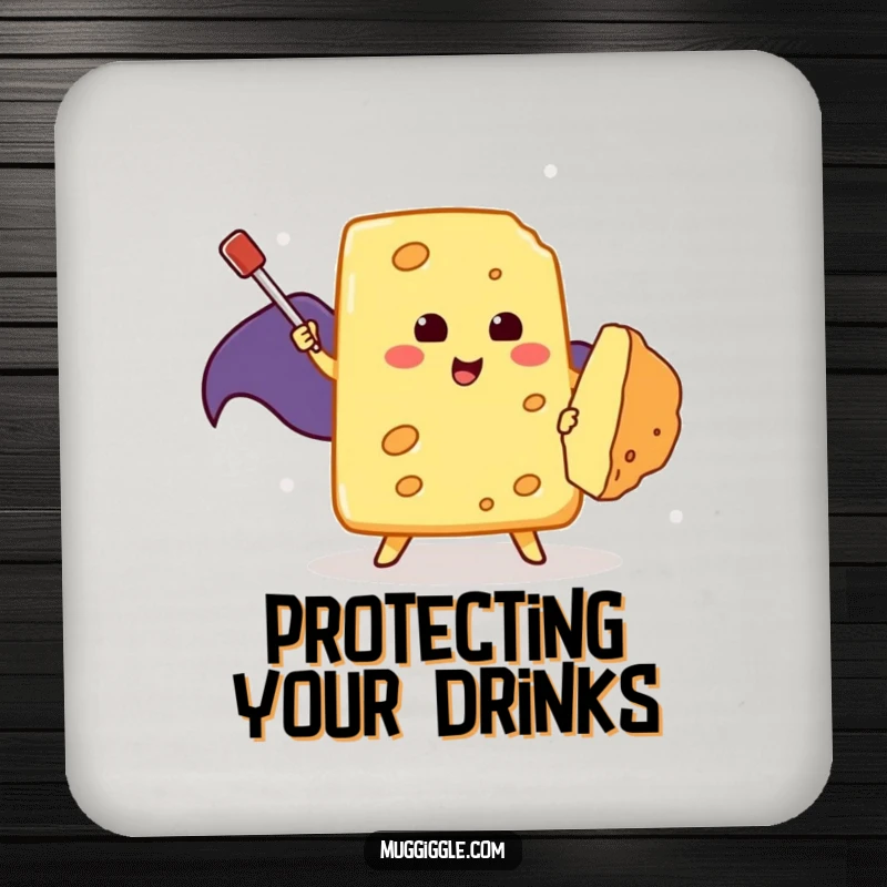 Funny Coaster: A brave cheese slice in a cape heroically battles a tiny crumb with a toothpick, protecting surfaces.