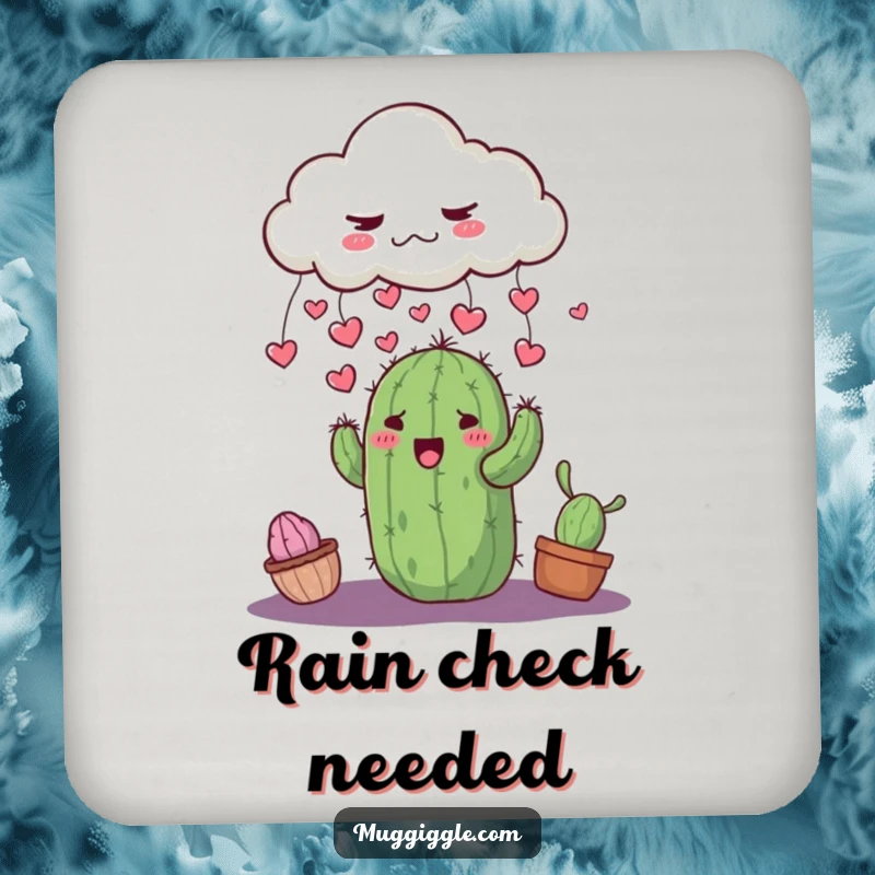 Funny grumpy cloud raining tiny hearts onto a surprised, smiling cactus, printed on a protective drink coaster.