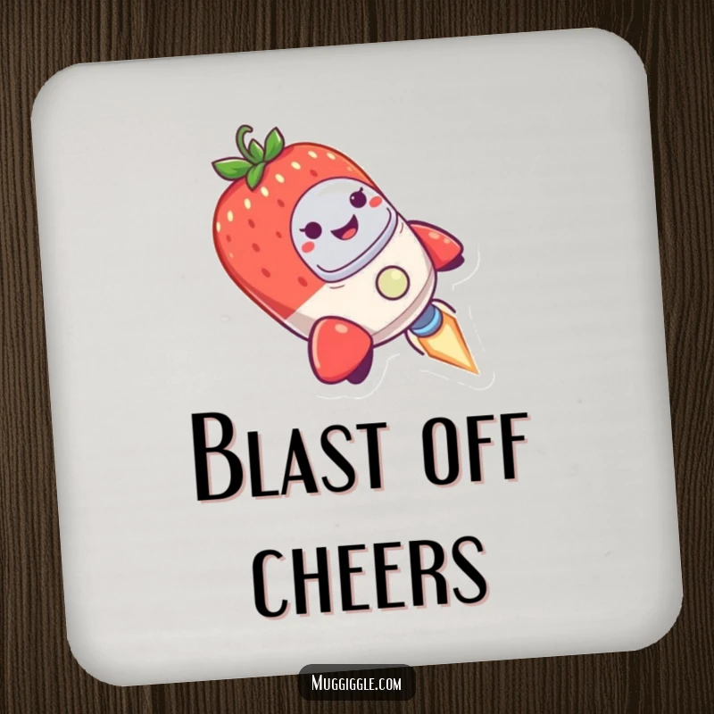 Funny Drink Coasters featuring a tiny rocket ship, hilariously piloted by a smiling strawberry, wobbling in mid-air.