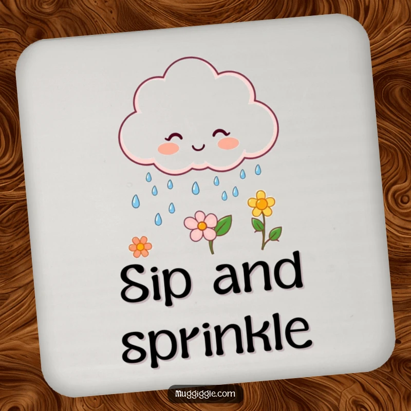 Funny cloud character drink coaster, raining happy drops on a flower, protecting surfaces.
