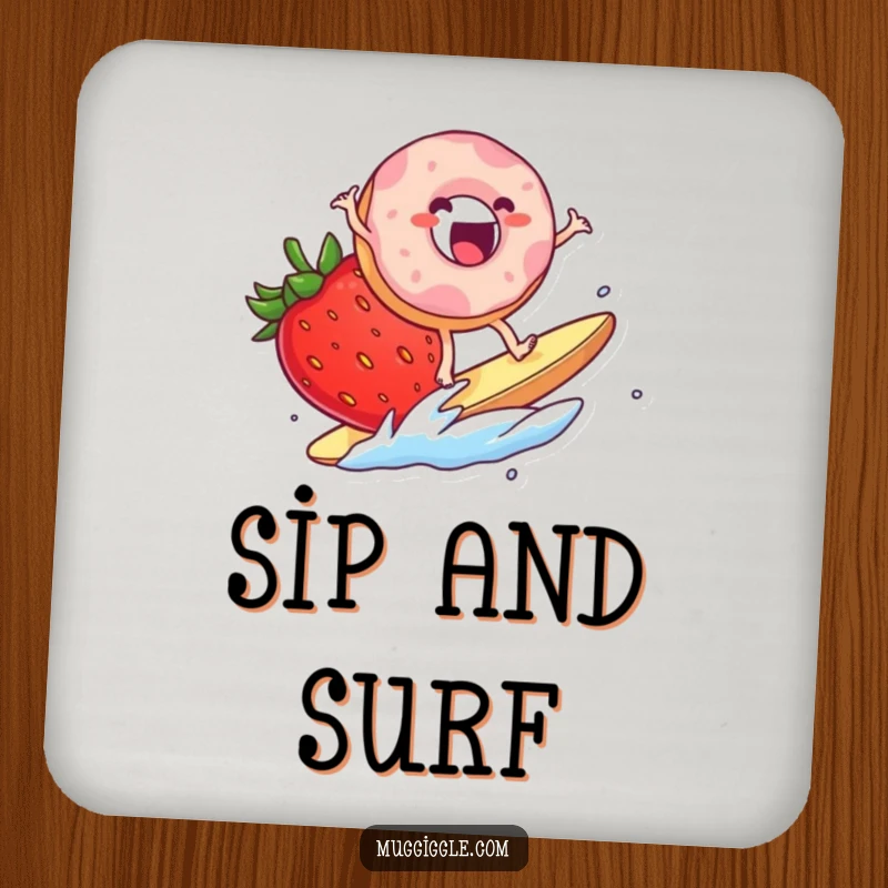 Funny Coaster: An excited donut character surfing on a giant strawberry slice, adding sweet humor and surface protection.