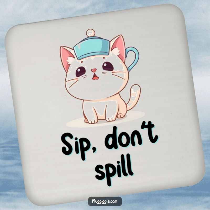 Funny coaster with a surprised cat character wearing a teacup as a hat, adding whimsical humor to surfaces.