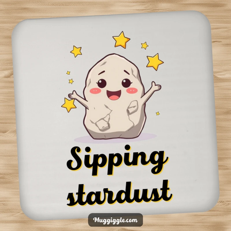 Funny happy rock character juggling small stars, depicted on a drink coaster for humorous protection.