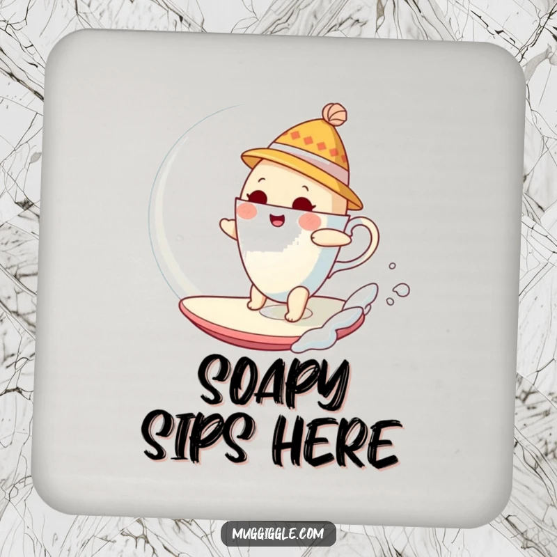 Funny Drink Coasters showing a bewildered teacup in a hat surfing a giant bubble, adding humorous charm to tabletops.
