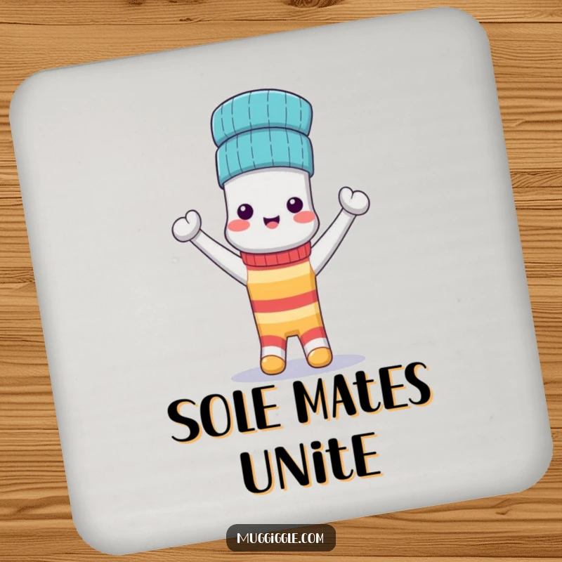 Funny Coaster: A triumphant anthropomorphic sock wears its matching sock as a hat, protecting surfaces with style.