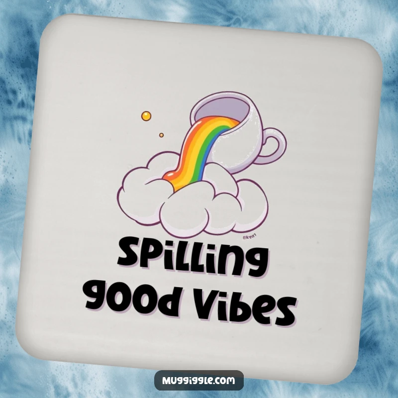 Funny Coaster: A small teacup spills a colorful rainbow onto a surprised fluffy cloud, offering protection with a smile.