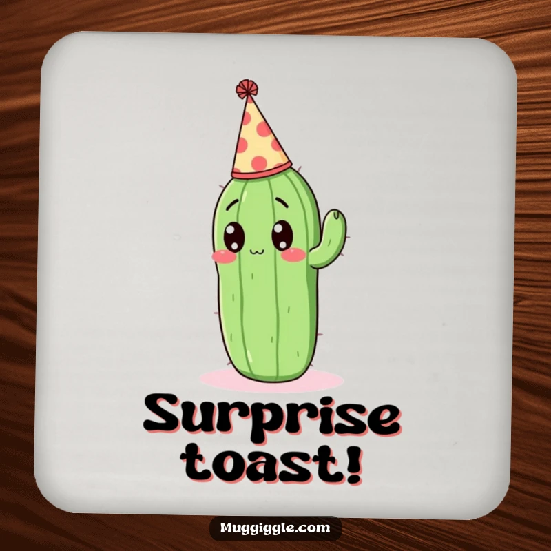 Funny Drink Coaster: Surprised cactus wearing a party hat, adding festive charm.