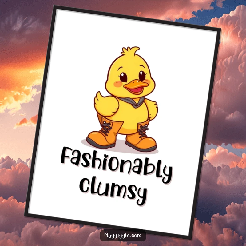 Funny rubber duck character adorably tripping in oversized boots, a humorous wall poster for decoration.