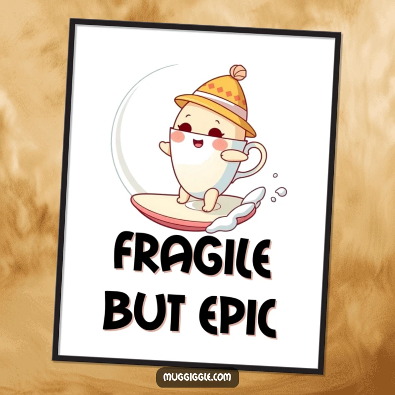 Funny Poster of a bewildered teacup in a tiny hat, humorously surfing a giant, iridescent bubble.