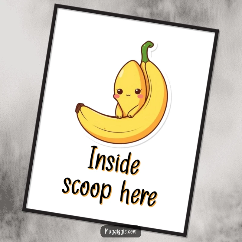 Funny poster of a curious banana character peeking out from an empty banana peel, perfect for adding humorous and fruity-themed decor.