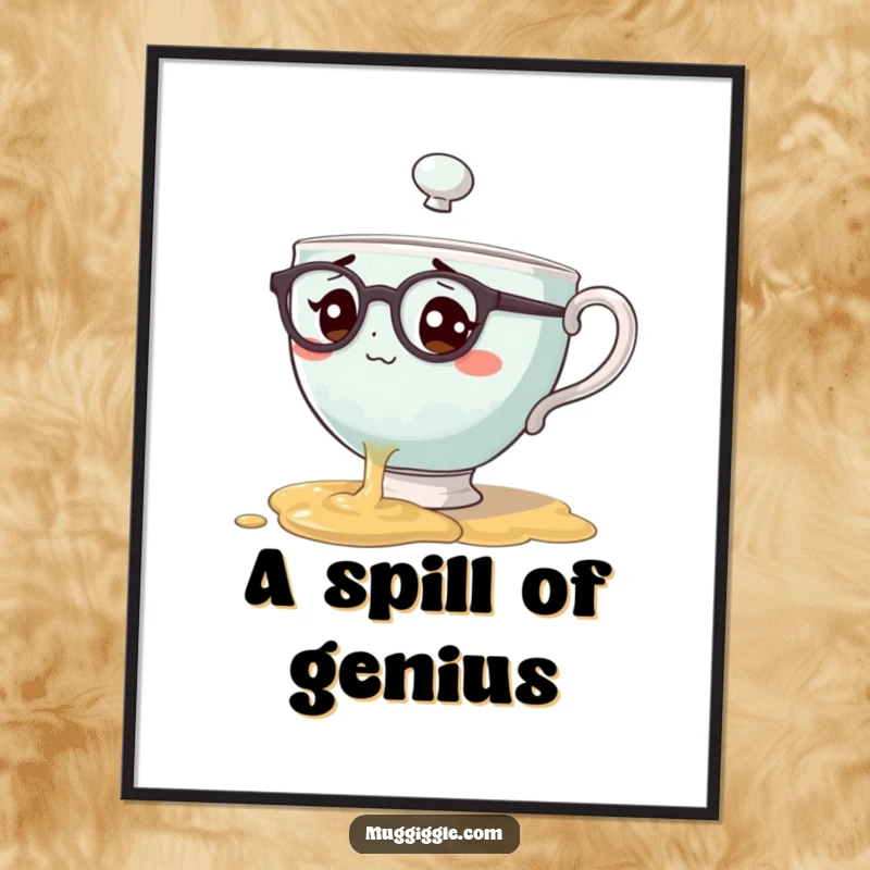 Funny poster featuring a teacup character with spectacles spilling tea, looking bewildered, creating humorous and relatable wall art.