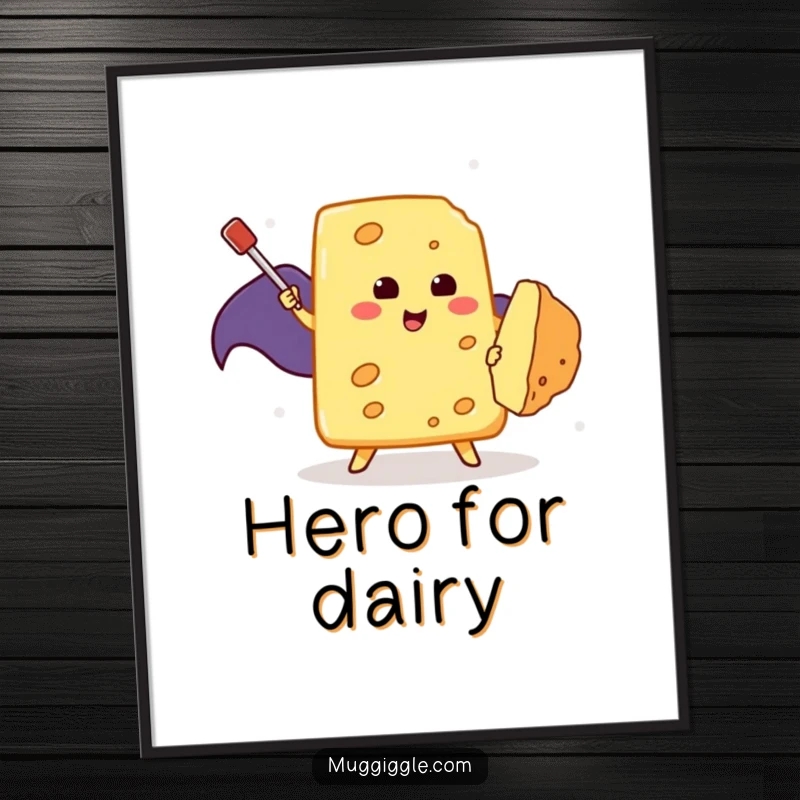 Funny Poster: A brave piece of cheese in a dramatic cape fights a minuscule crumb with a toothpick, a tiny heroic battle.