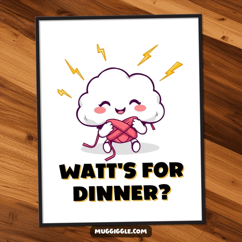 Funny poster showcasing a joyful cloud character attempting to knit with bright, crackling lightning bolts, bringing a dynamic and humorous atmosphere.